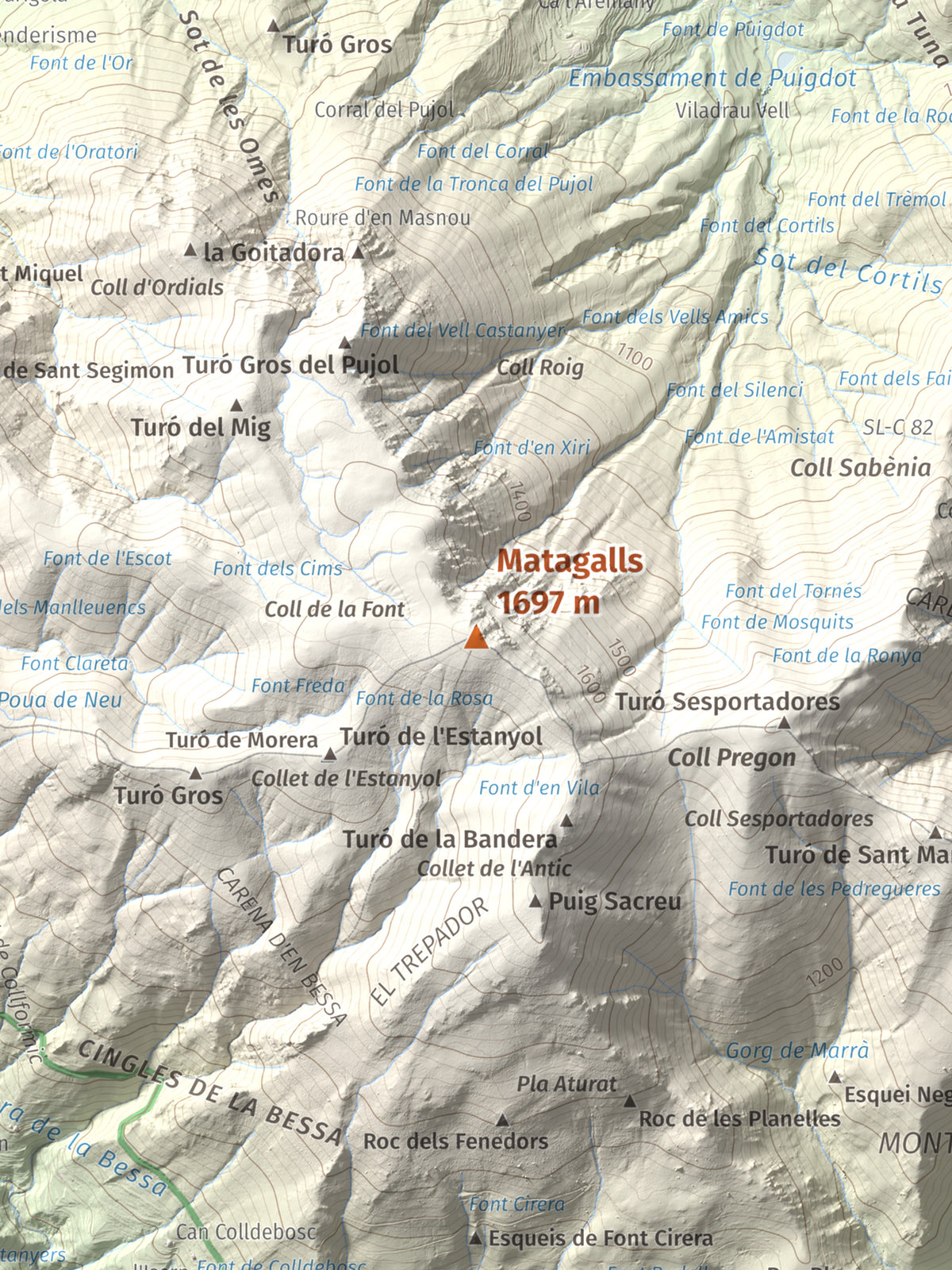 Mapa de relieve de Matagalls, 1697 m, Osona · Vallès Oriental, lámina 100 Cims de Trobart. Detalle de la zona central. 30 × 40 cm.