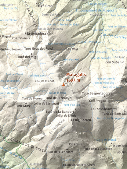 Mapa de relieve de Matagalls, 1697 m, Osona · Vallès Oriental, lámina 100 Cims de Trobart. Detalle de la zona central. 30 × 40 cm.