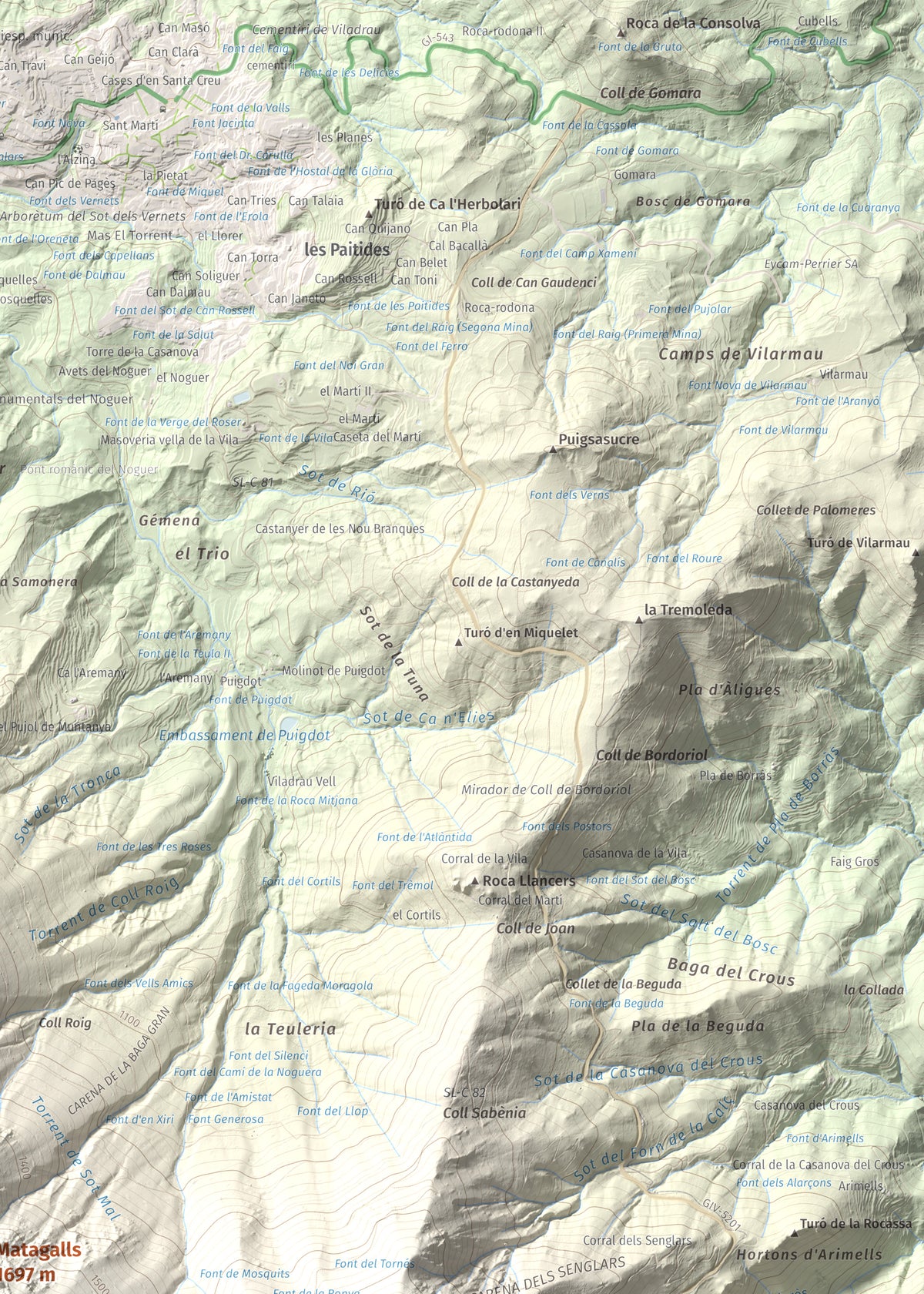 Mapa de relieve de Matagalls, 1697 m, Osona · Vallès Oriental, lámina 100 Cims de Trobart. Detalle de la zona superior derecha. 50 × 70 cm.