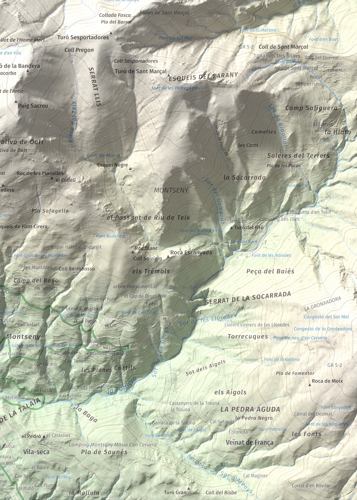 Mapa de relieve de Matagalls, 1697 m, Osona · Vallès Oriental, lámina 100 Cims de Trobart. Detalle de la zona inferior derecha. 50 × 70 cm.