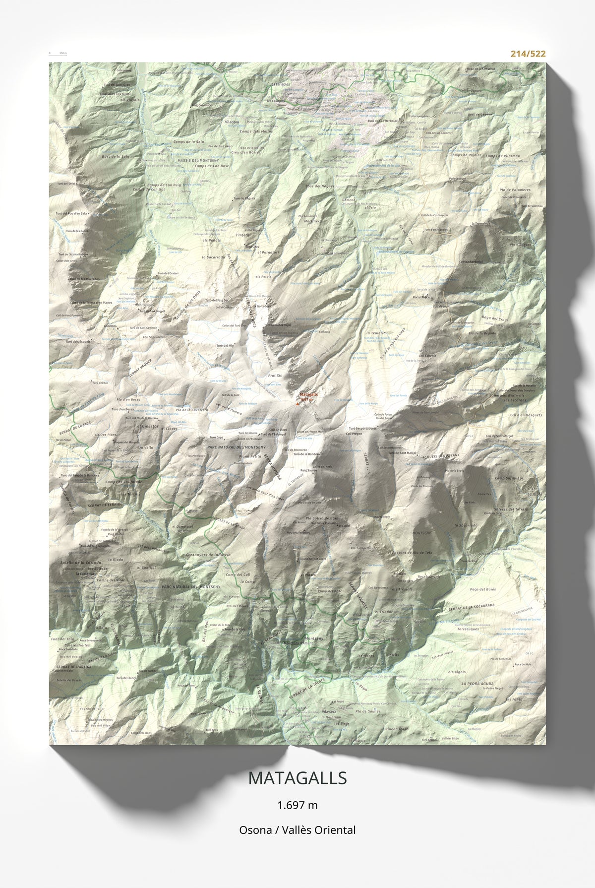 Mapa de relieve de Matagalls, 1697 m, Osona · Vallès Oriental, lámina 100 Cims de Trobart 61 × 91 cm.