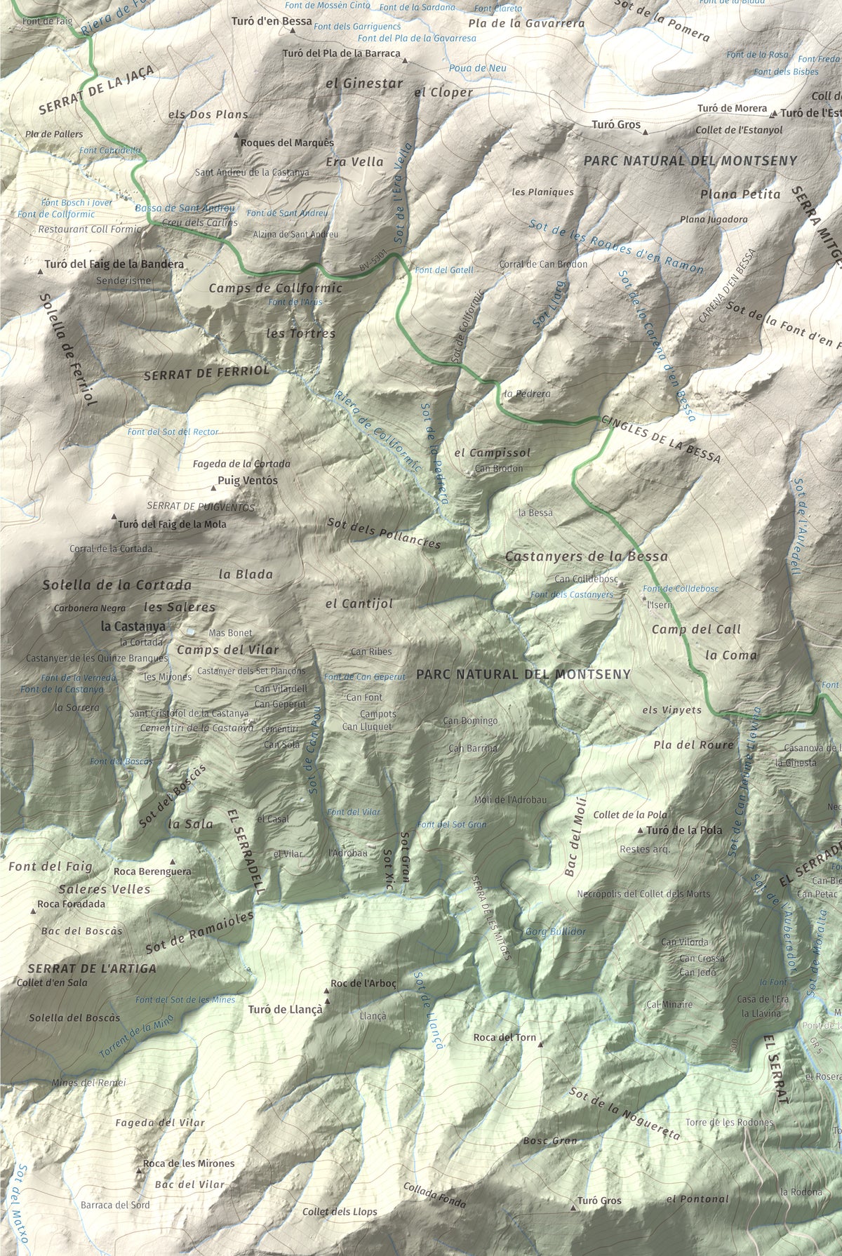 Mapa de relieve de Matagalls, 1697 m, Osona · Vallès Oriental, lámina 100 Cims de Trobart. Detalle de la zona inferior izquierda. 61 × 91 cm.