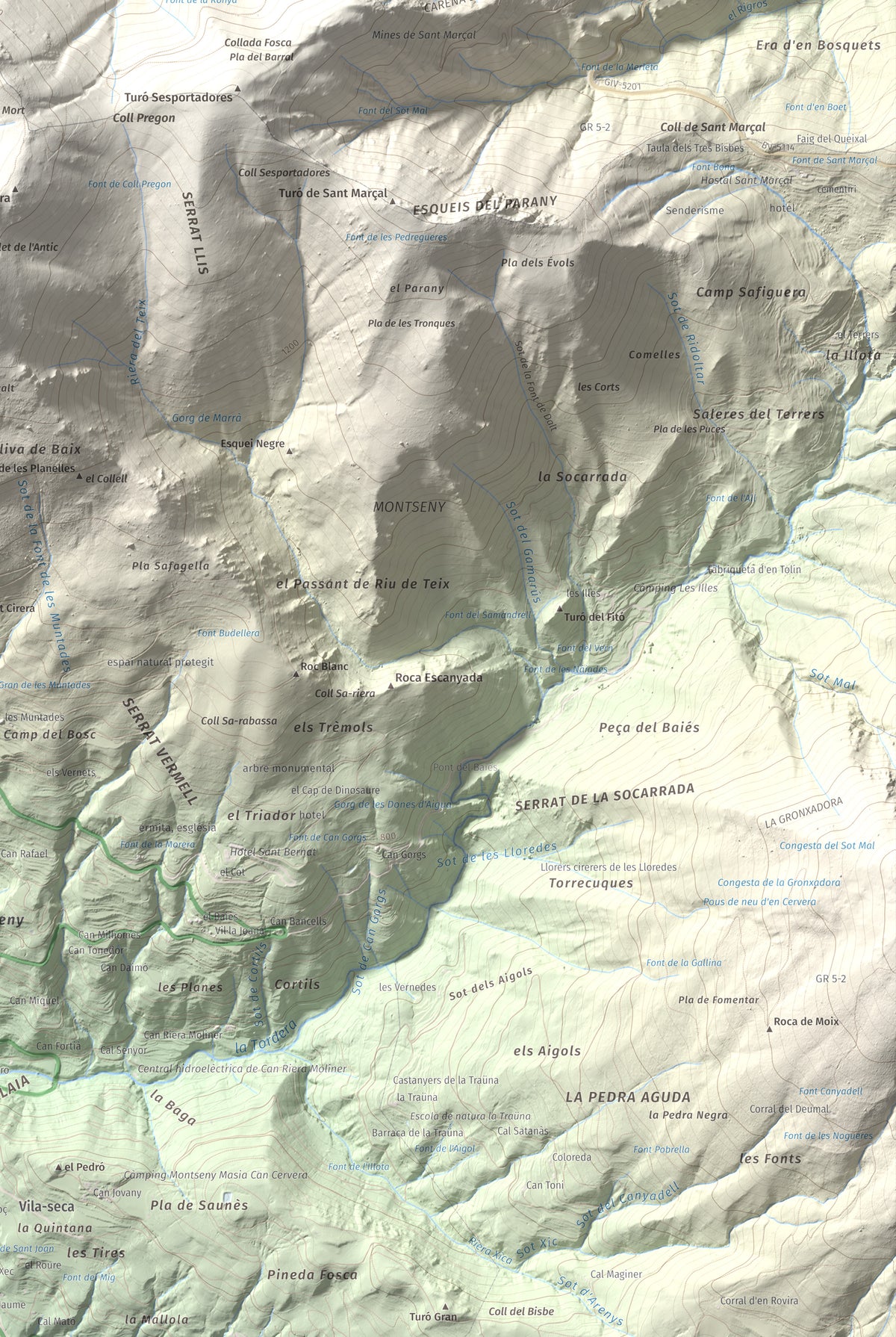 Mapa de relieve de Matagalls, 1697 m, Osona · Vallès Oriental, lámina 100 Cims de Trobart. Detalle de la zona inferior derecha. 61 × 91 cm.