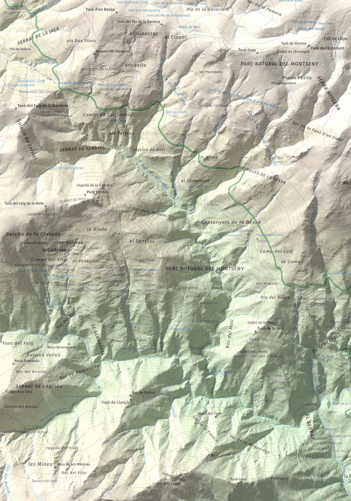 Mapa de relieve de Matagalls, 1697 m, Osona · Vallès Oriental, lámina 100 Cims de Trobart. Detalle de la zona inferior izquierda. 70 × 100 cm.