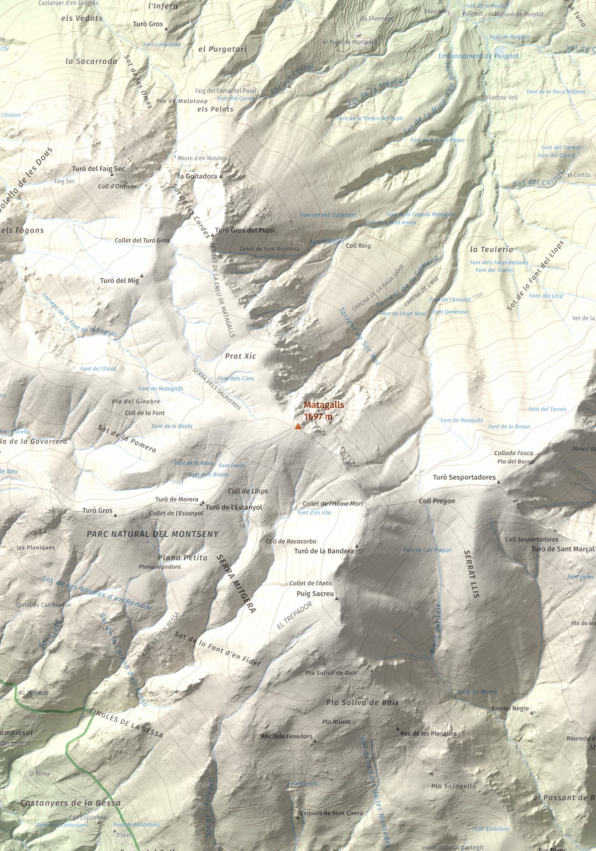 Mapa de relieve de Matagalls, 1697 m, Osona · Vallès Oriental, lámina 100 Cims de Trobart. Detalle de la zona central. 70 × 100 cm.