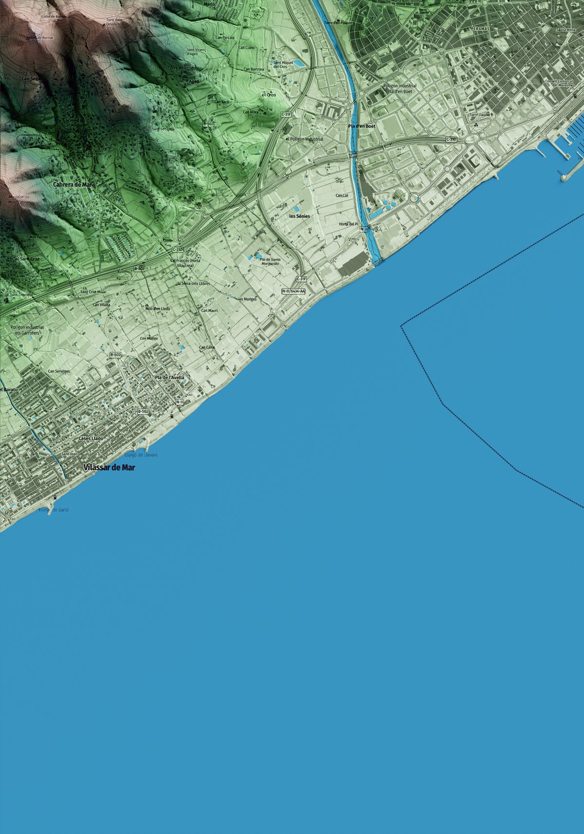 Mapa artístico del relieve de Mataró, al Maresme, con 15 km de entorno y base topográfica ICGC. Detalle de la zona inferior izquierda.