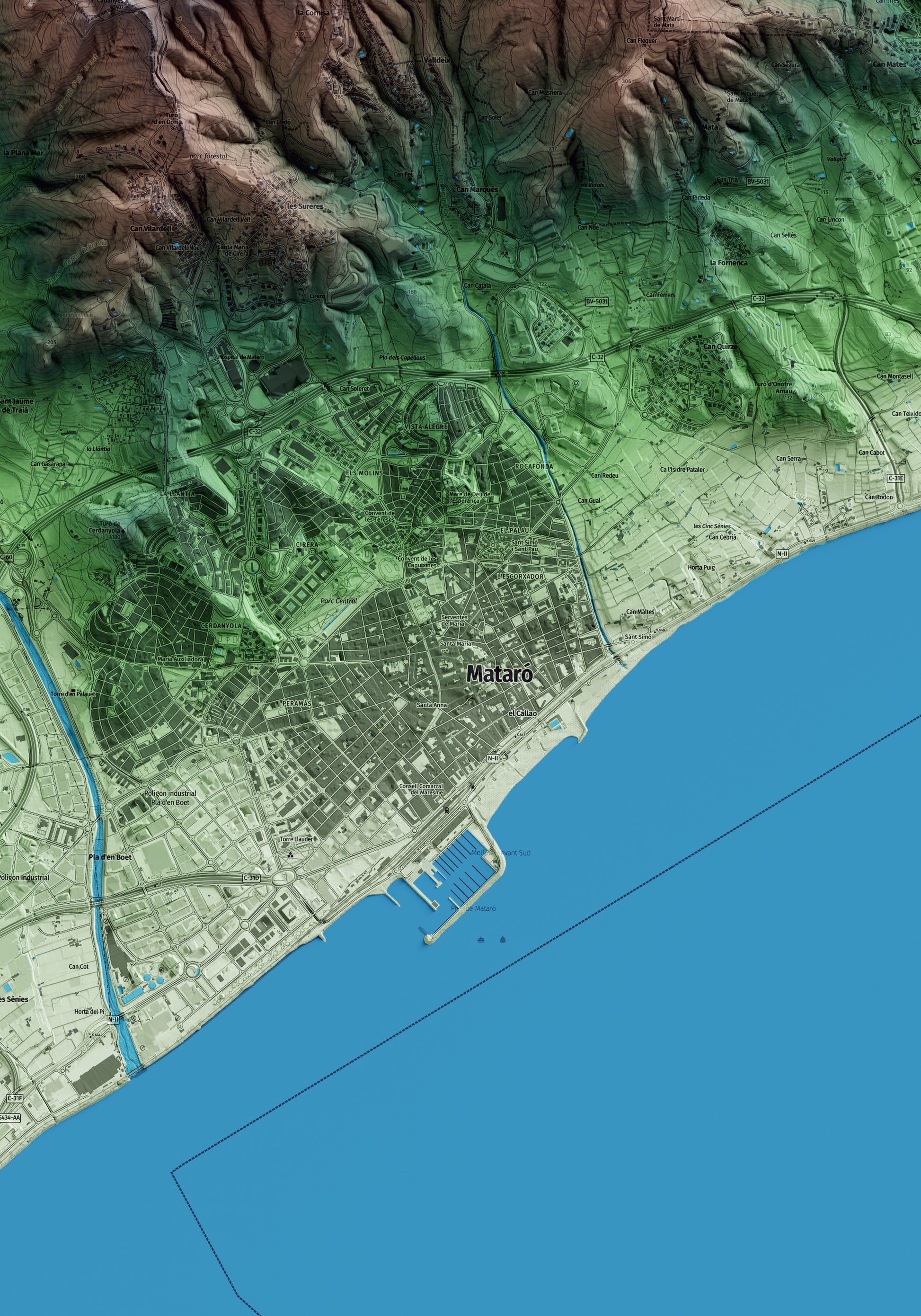 Mapa artístico del relieve de Mataró, al Maresme, con 15 km de entorno y base topográfica ICGC. Detalle de la zona central.