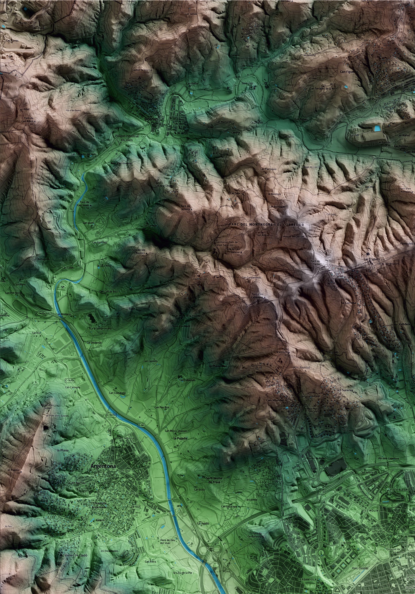 Mapa artístico del relieve de Mataró, al Maresme, con 15 km de entorno y base topográfica ICGC. Detalle de la zona superior izquierda.