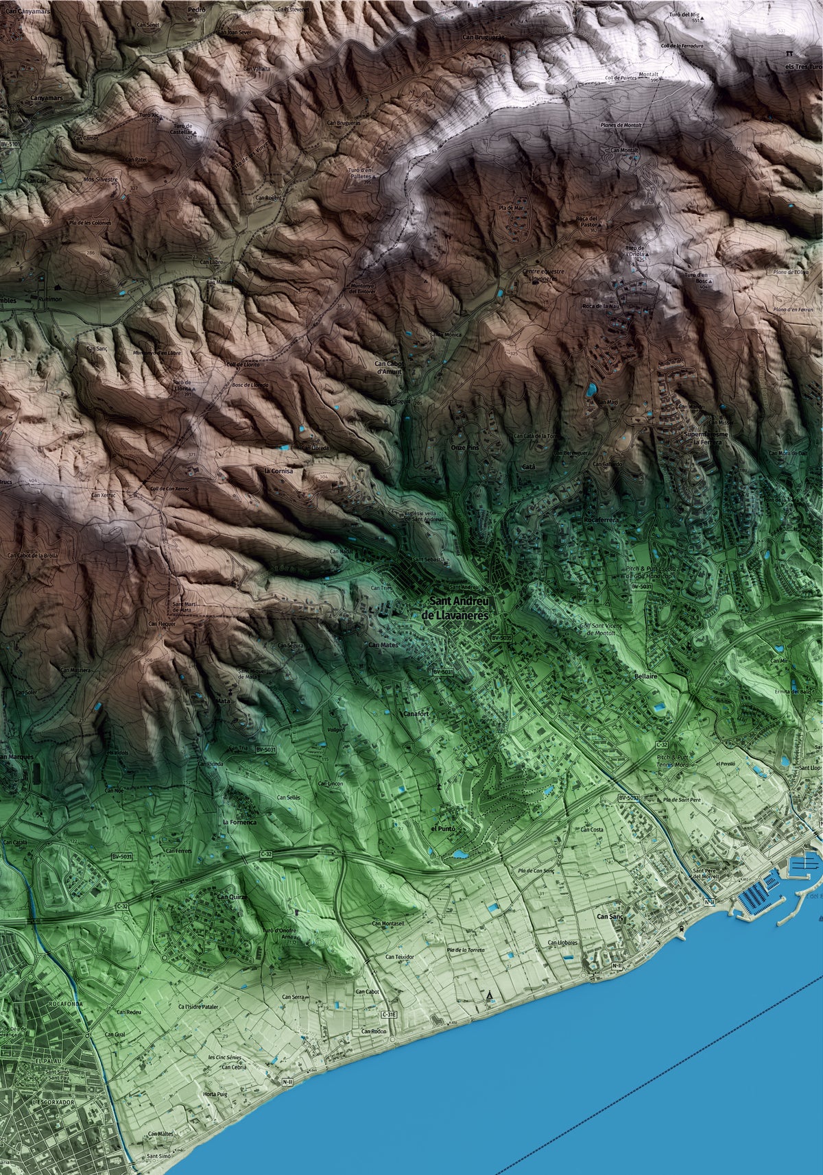 Mapa artístico del relieve de Mataró, al Maresme, con 15 km de entorno y base topográfica ICGC. Detalle de la zona superior derecha.