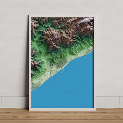 Mapa artístico del relieve de Mataró, al Maresme, con 15 km de entorno y base topográfica ICGC. Presentación enmarcada.