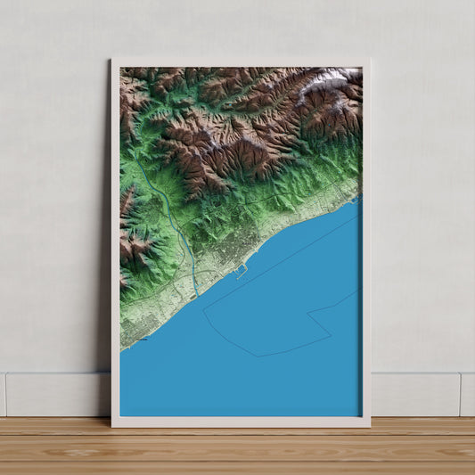 Mapa artístico del relieve de Mataró, al Maresme, con 15 km de entorno y base topográfica ICGC. Presentación enmarcada.