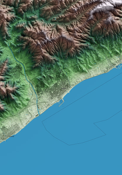 Mapa artístico del relieve de Mataró, al Maresme, con 15 km de entorno y base topográfica ICGC