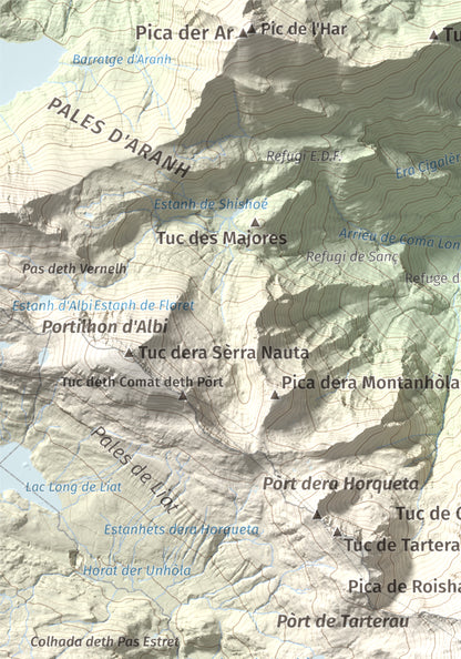 Mapa de relieve de Maubèrme, 2882 m, Val d'Aran, lámina 100 Cims de Trobart. Detalle de la zona superior izquierda. 21 × 30 cm.