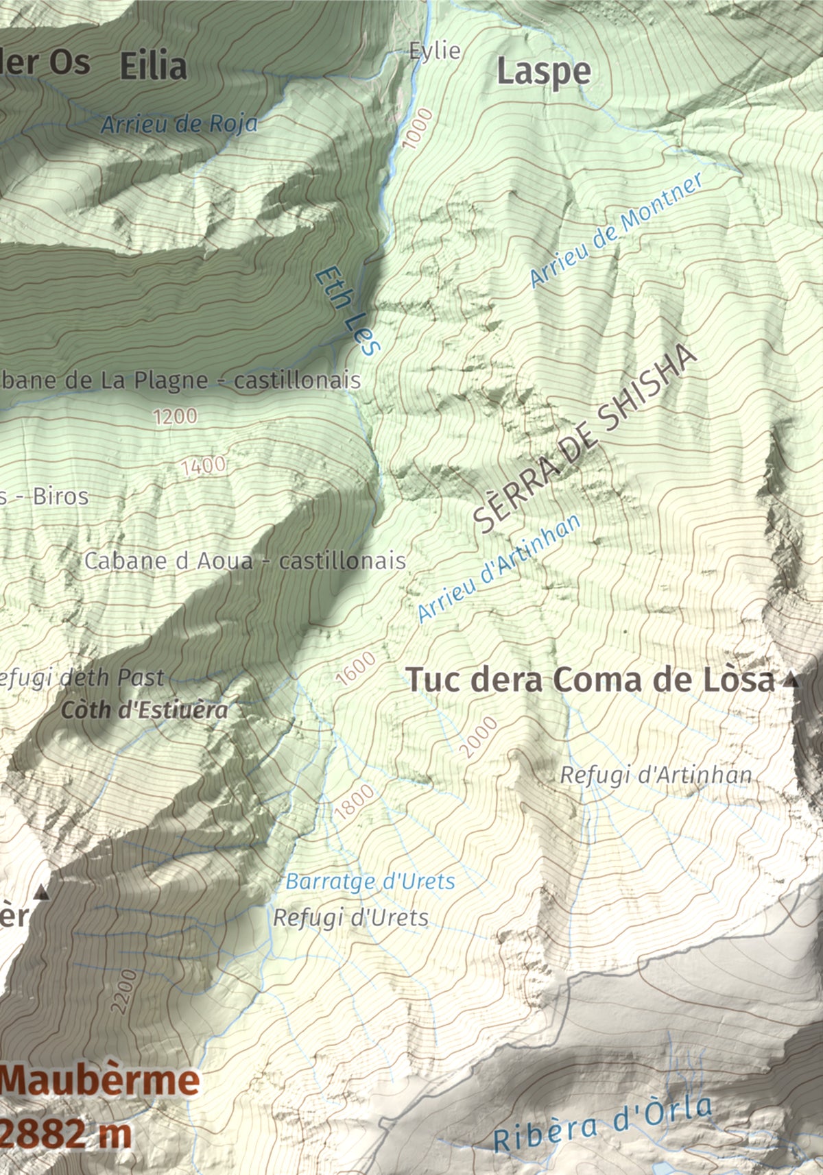 Mapa de relieve de Maubèrme, 2882 m, Val d'Aran, lámina 100 Cims de Trobart. Detalle de la zona superior derecha. 21 × 30 cm.