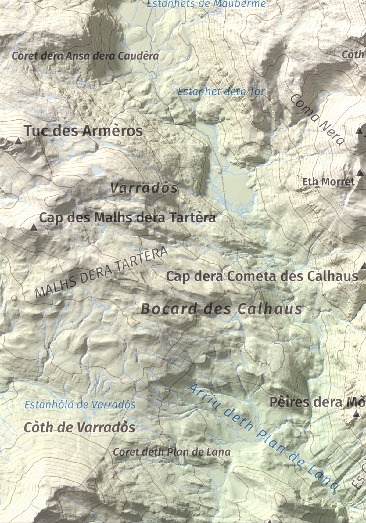 Mapa de relieve de Maubèrme, 2882 m, Val d'Aran, lámina 100 Cims de Trobart. Detalle de la zona inferior izquierda. 21 × 30 cm.