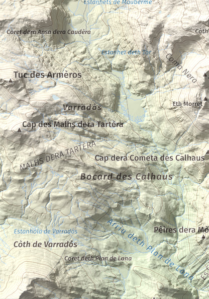 Mapa de relieve de Maubèrme, 2882 m, Val d'Aran, lámina 100 Cims de Trobart. Detalle de la zona inferior izquierda. 21 × 30 cm.