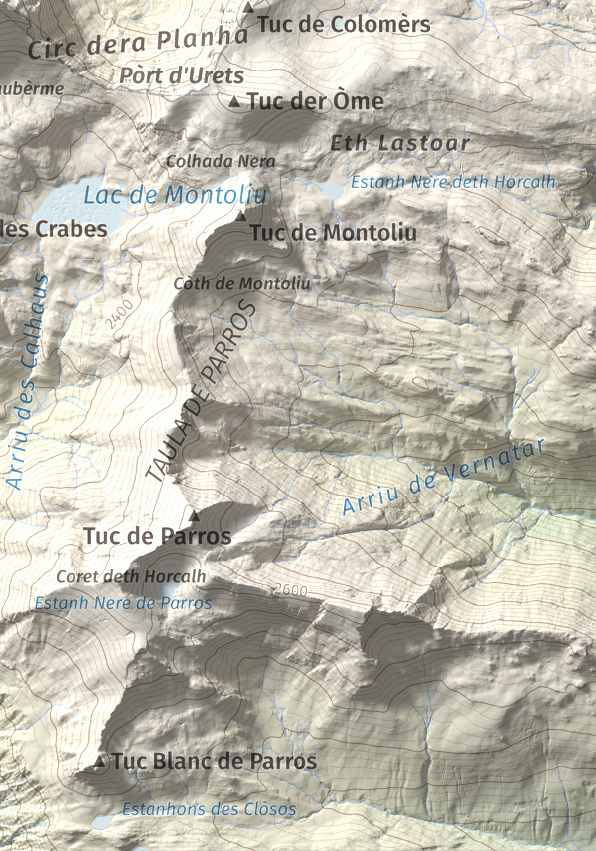 Mapa de relieve de Maubèrme, 2882 m, Val d'Aran, lámina 100 Cims de Trobart. Detalle de la zona inferior derecha. 21 × 30 cm.