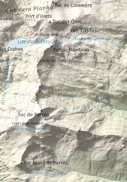 Mapa de relieve de Maubèrme, 2882 m, Val d'Aran, lámina 100 Cims de Trobart. Detalle de la zona inferior derecha. 21 × 30 cm.
