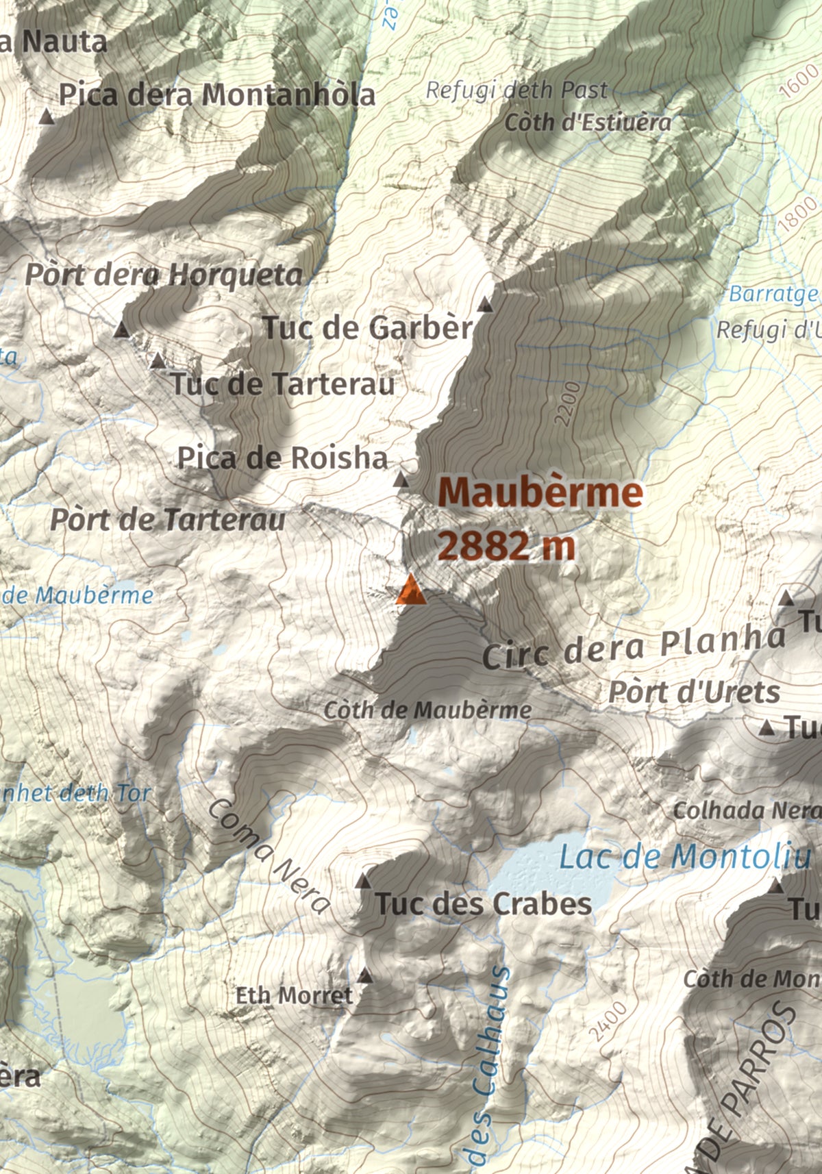 Mapa de relieve de Maubèrme, 2882 m, Val d'Aran, lámina 100 Cims de Trobart. Detalle de la zona central. 21 × 30 cm.
