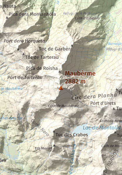 Mapa de relieve de Maubèrme, 2882 m, Val d'Aran, lámina 100 Cims de Trobart. Detalle de la zona central. 21 × 30 cm.