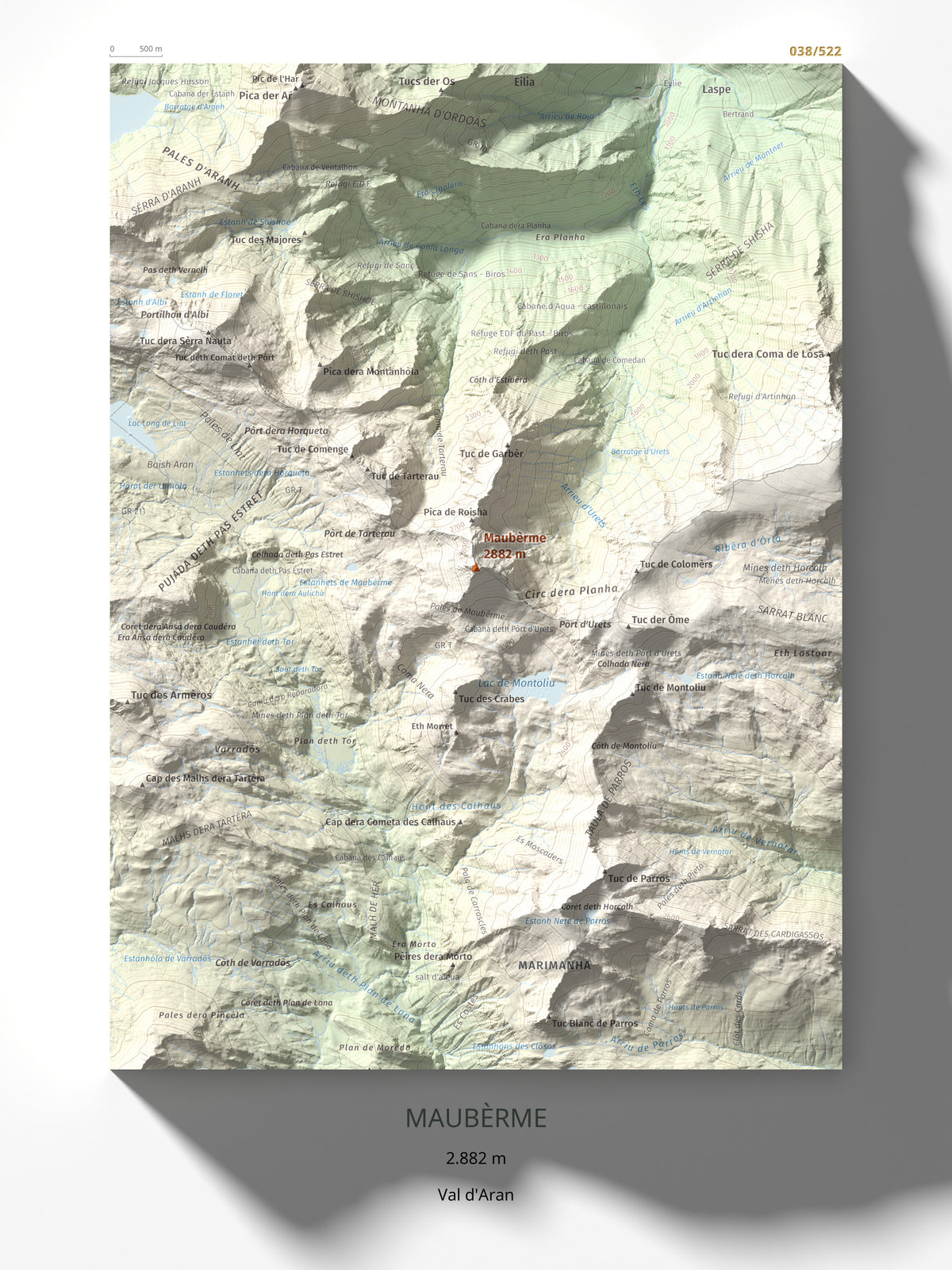 Mapa de relieve de Maubèrme, 2882 m, Val d'Aran, lámina 100 Cims de Trobart 30 × 40 cm.