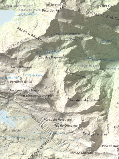 Mapa de relieve de Maubèrme, 2882 m, Val d'Aran, lámina 100 Cims de Trobart. Detalle de la zona superior izquierda. 30 × 40 cm.