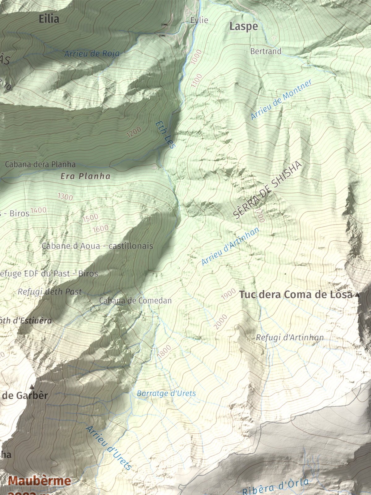 Mapa de relieve de Maubèrme, 2882 m, Val d'Aran, lámina 100 Cims de Trobart. Detalle de la zona superior derecha. 30 × 40 cm.
