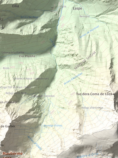 Mapa de relieve de Maubèrme, 2882 m, Val d'Aran, lámina 100 Cims de Trobart. Detalle de la zona superior derecha. 30 × 40 cm.