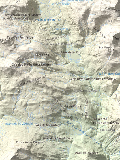 Mapa de relieve de Maubèrme, 2882 m, Val d'Aran, lámina 100 Cims de Trobart. Detalle de la zona inferior izquierda. 30 × 40 cm.