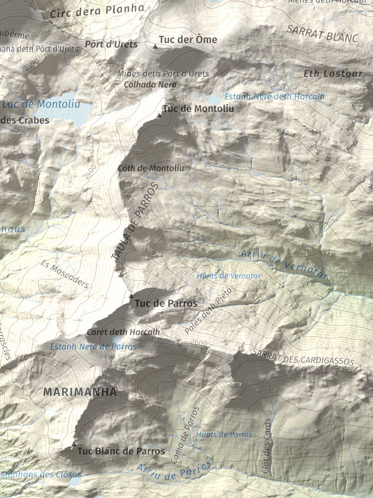 Mapa de relieve de Maubèrme, 2882 m, Val d'Aran, lámina 100 Cims de Trobart. Detalle de la zona inferior derecha. 30 × 40 cm.