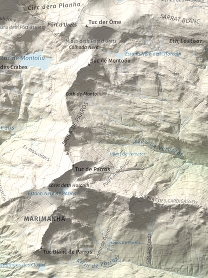 Mapa de relieve de Maubèrme, 2882 m, Val d'Aran, lámina 100 Cims de Trobart. Detalle de la zona inferior derecha. 30 × 40 cm.