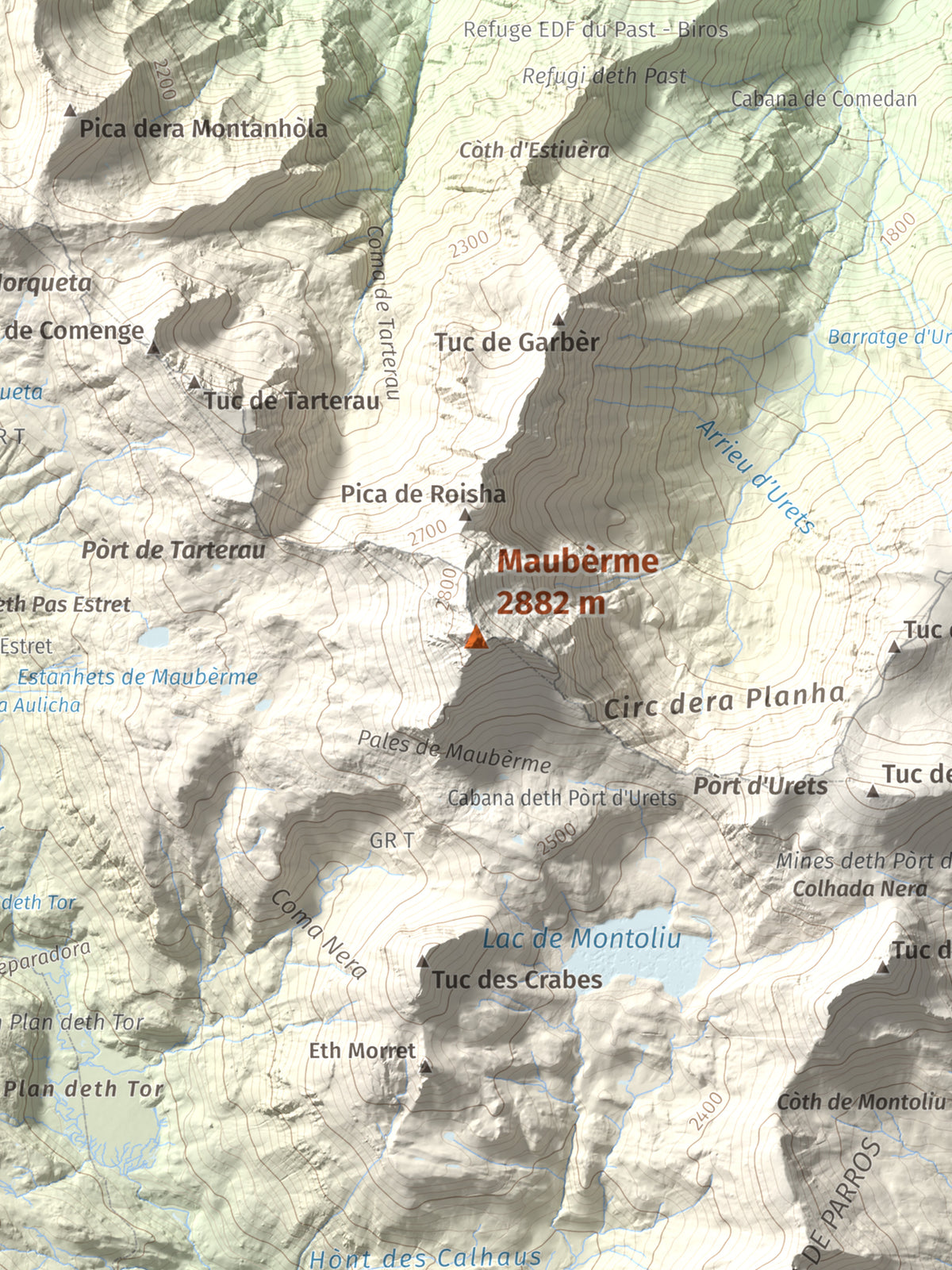 Mapa de relieve de Maubèrme, 2882 m, Val d'Aran, lámina 100 Cims de Trobart. Detalle de la zona central. 30 × 40 cm.