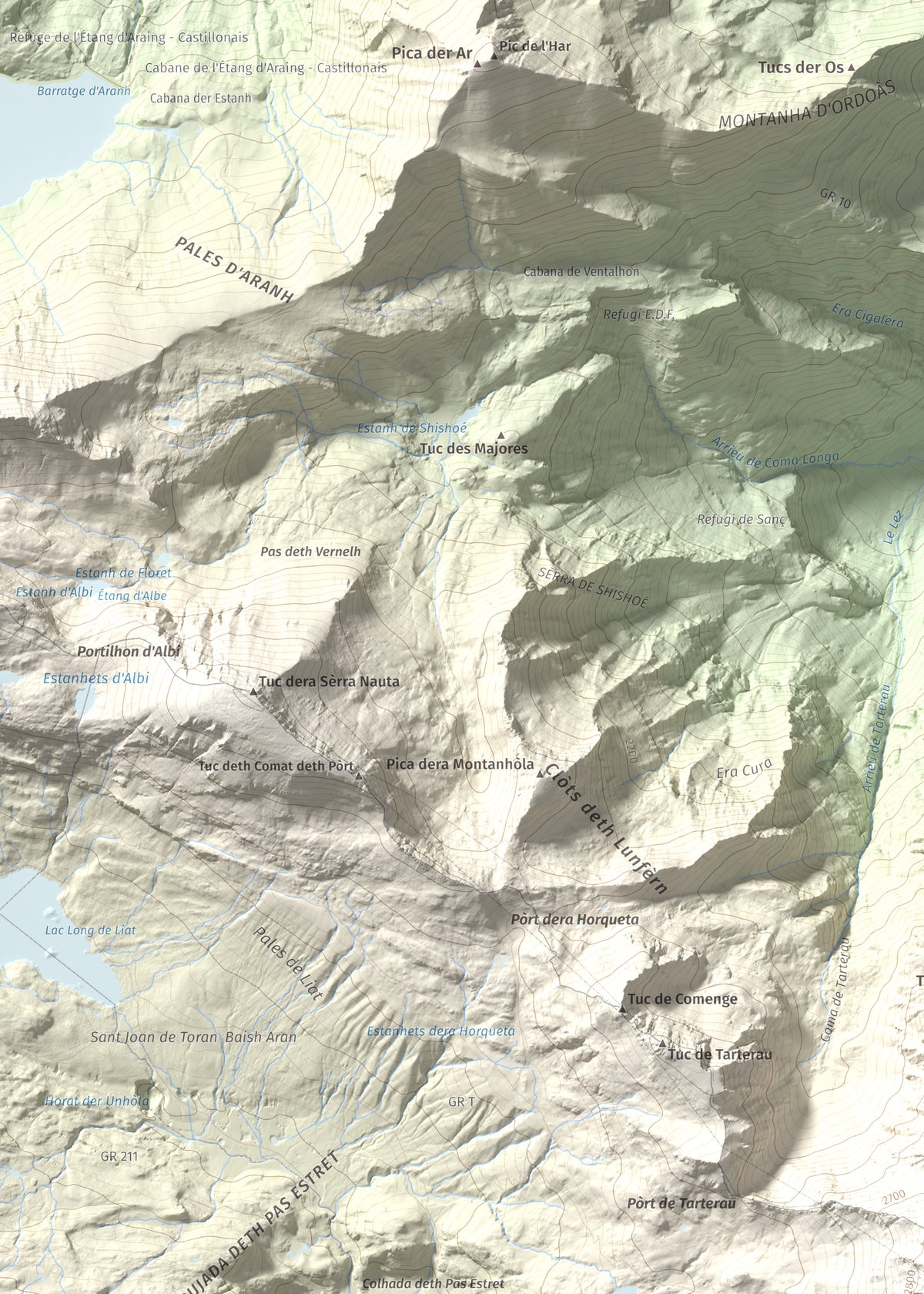 Mapa de relieve de Maubèrme, 2882 m, Val d'Aran, lámina 100 Cims de Trobart. Detalle de la zona superior izquierda. 50 × 70 cm.