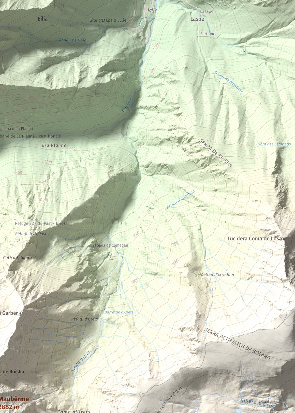 Mapa de relieve de Maubèrme, 2882 m, Val d'Aran, lámina 100 Cims de Trobart. Detalle de la zona superior derecha. 50 × 70 cm.