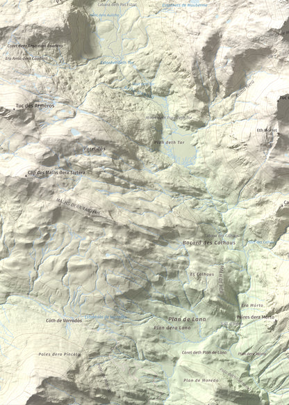 Mapa de relieve de Maubèrme, 2882 m, Val d'Aran, lámina 100 Cims de Trobart. Detalle de la zona inferior izquierda. 50 × 70 cm.