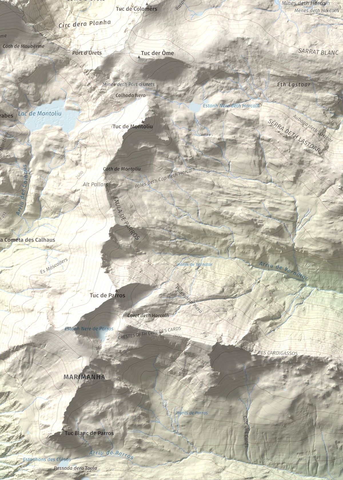 Mapa de relieve de Maubèrme, 2882 m, Val d'Aran, lámina 100 Cims de Trobart. Detalle de la zona inferior derecha. 50 × 70 cm.