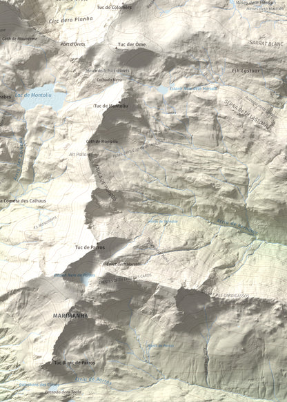 Mapa de relieve de Maubèrme, 2882 m, Val d'Aran, lámina 100 Cims de Trobart. Detalle de la zona inferior derecha. 50 × 70 cm.