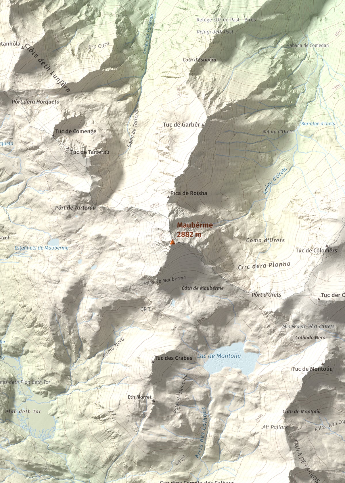 Mapa de relieve de Maubèrme, 2882 m, Val d'Aran, lámina 100 Cims de Trobart. Detalle de la zona central. 50 × 70 cm.