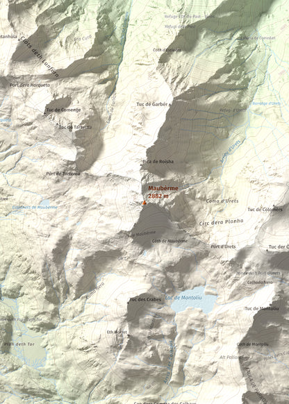 Mapa de relieve de Maubèrme, 2882 m, Val d'Aran, lámina 100 Cims de Trobart. Detalle de la zona central. 50 × 70 cm.