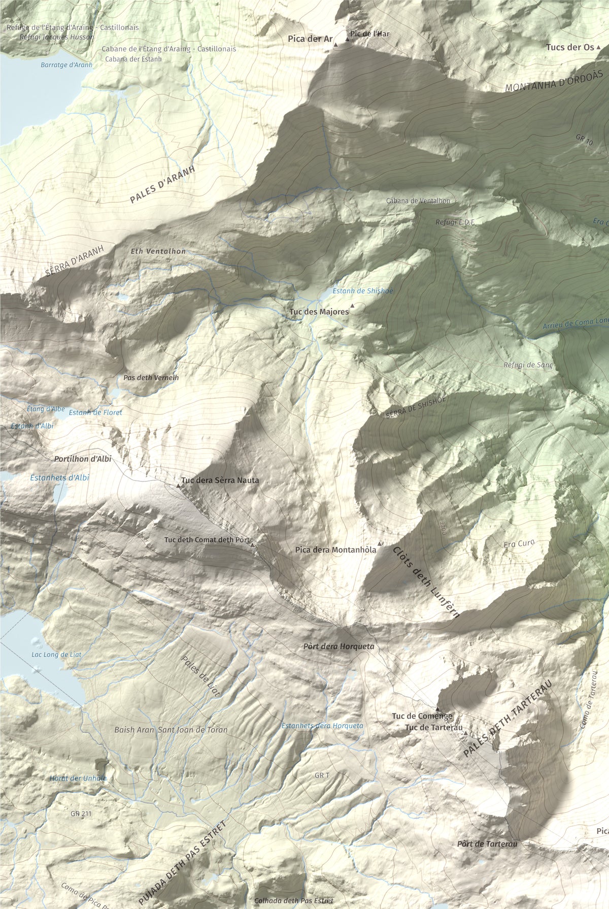 Mapa de relieve de Maubèrme, 2882 m, Val d'Aran, lámina 100 Cims de Trobart. Detalle de la zona superior izquierda. 61 × 91 cm.