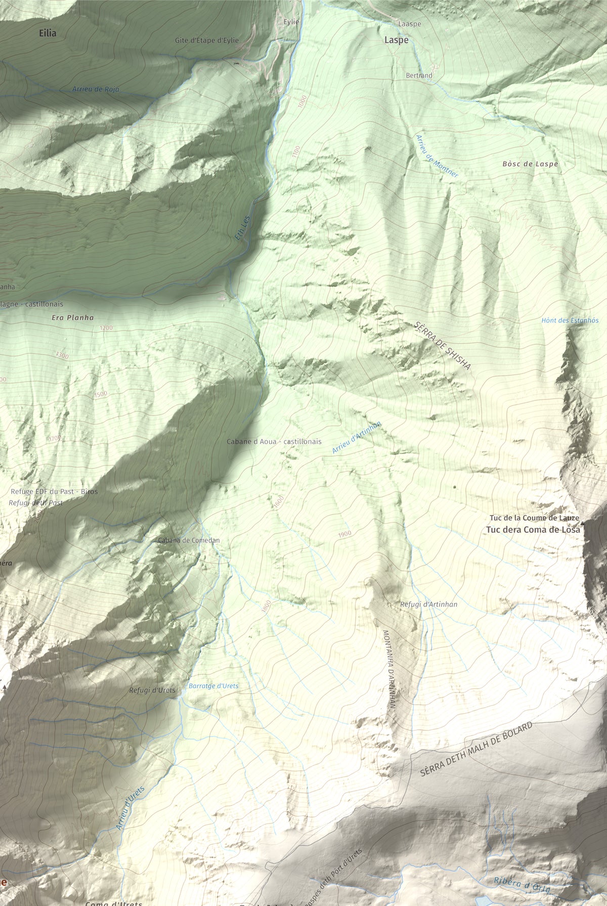 Mapa de relieve de Maubèrme, 2882 m, Val d'Aran, lámina 100 Cims de Trobart. Detalle de la zona superior derecha. 61 × 91 cm.