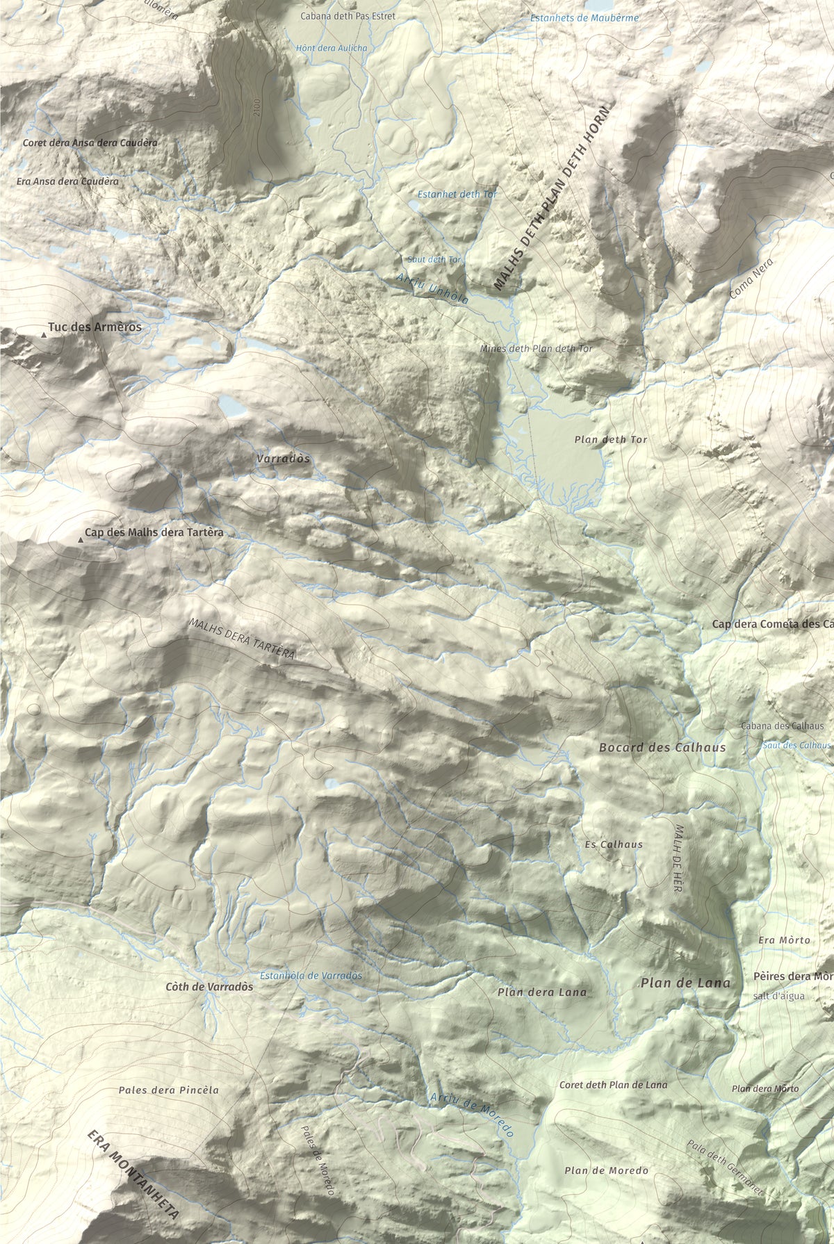 Mapa de relieve de Maubèrme, 2882 m, Val d'Aran, lámina 100 Cims de Trobart. Detalle de la zona inferior izquierda. 61 × 91 cm.