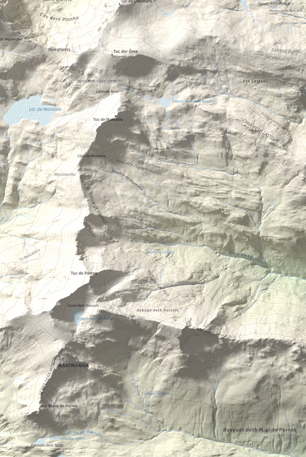 Mapa de relieve de Maubèrme, 2882 m, Val d'Aran, lámina 100 Cims de Trobart. Detalle de la zona inferior derecha. 61 × 91 cm.