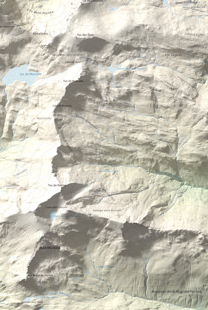 Mapa de relieve de Maubèrme, 2882 m, Val d'Aran, lámina 100 Cims de Trobart. Detalle de la zona inferior derecha. 61 × 91 cm.