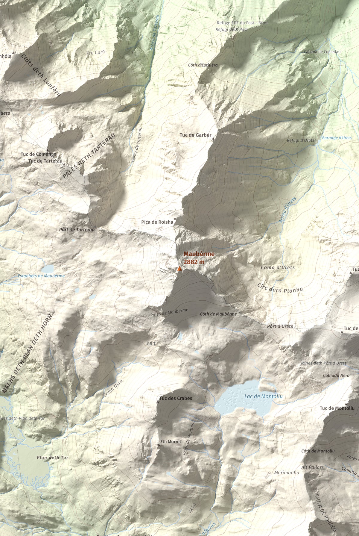 Mapa de relieve de Maubèrme, 2882 m, Val d'Aran, lámina 100 Cims de Trobart. Detalle de la zona central. 61 × 91 cm.