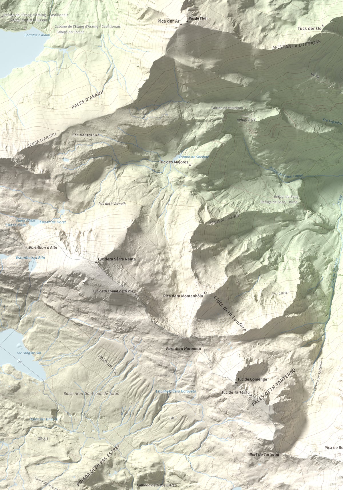 Mapa de relieve de Maubèrme, 2882 m, Val d'Aran, lámina 100 Cims de Trobart. Detalle de la zona superior izquierda. 70 × 100 cm.