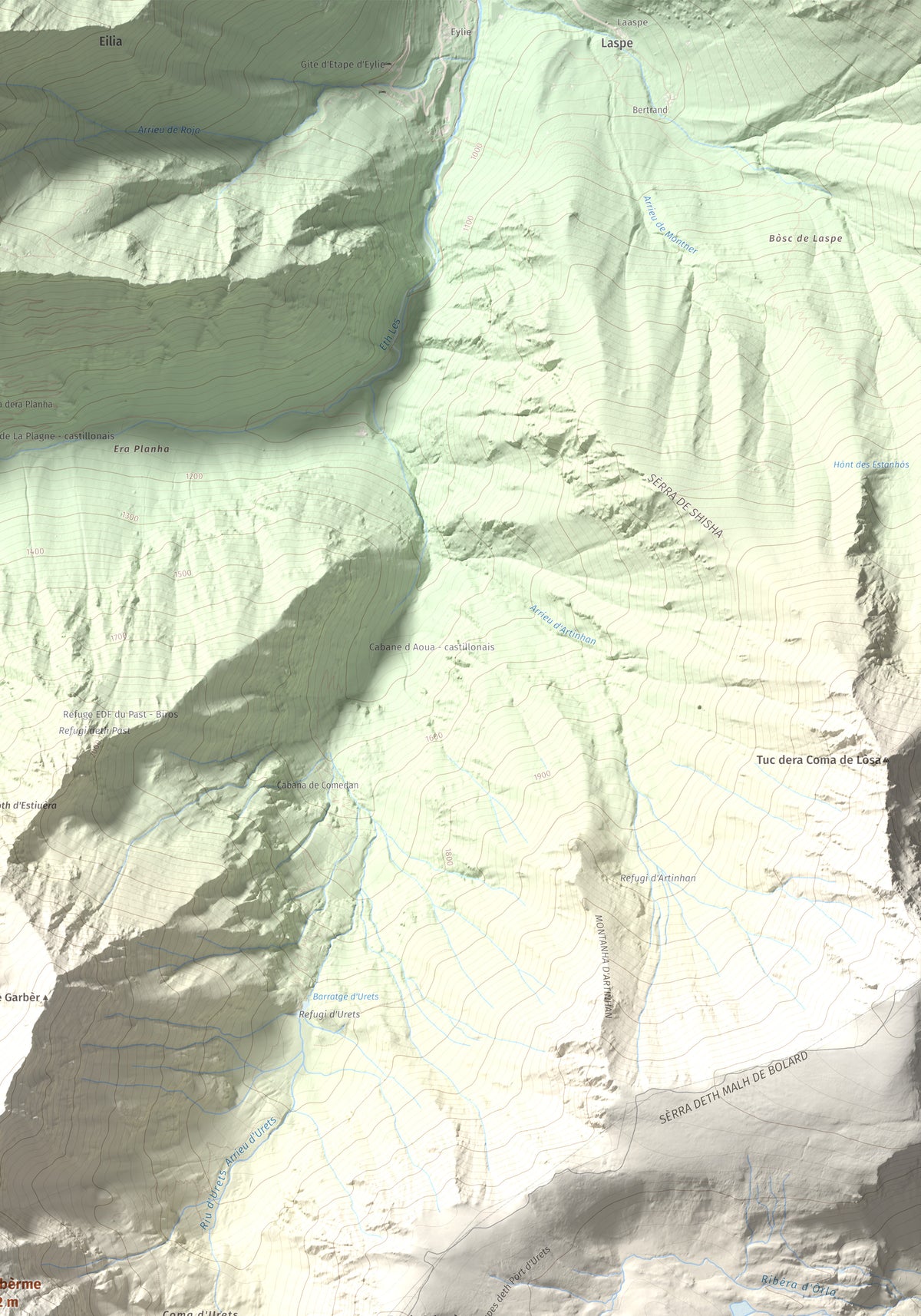 Mapa de relieve de Maubèrme, 2882 m, Val d'Aran, lámina 100 Cims de Trobart. Detalle de la zona superior derecha. 70 × 100 cm.