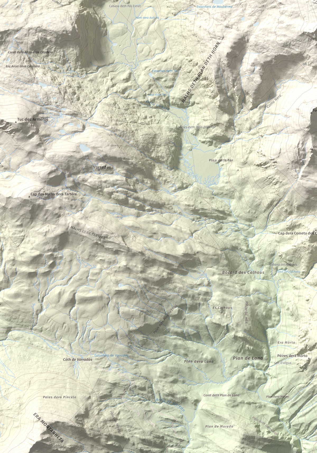 Mapa de relieve de Maubèrme, 2882 m, Val d'Aran, lámina 100 Cims de Trobart. Detalle de la zona inferior izquierda. 70 × 100 cm.