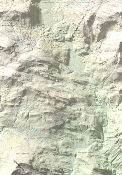 Mapa de relieve de Maubèrme, 2882 m, Val d'Aran, lámina 100 Cims de Trobart. Detalle de la zona inferior izquierda. 70 × 100 cm.