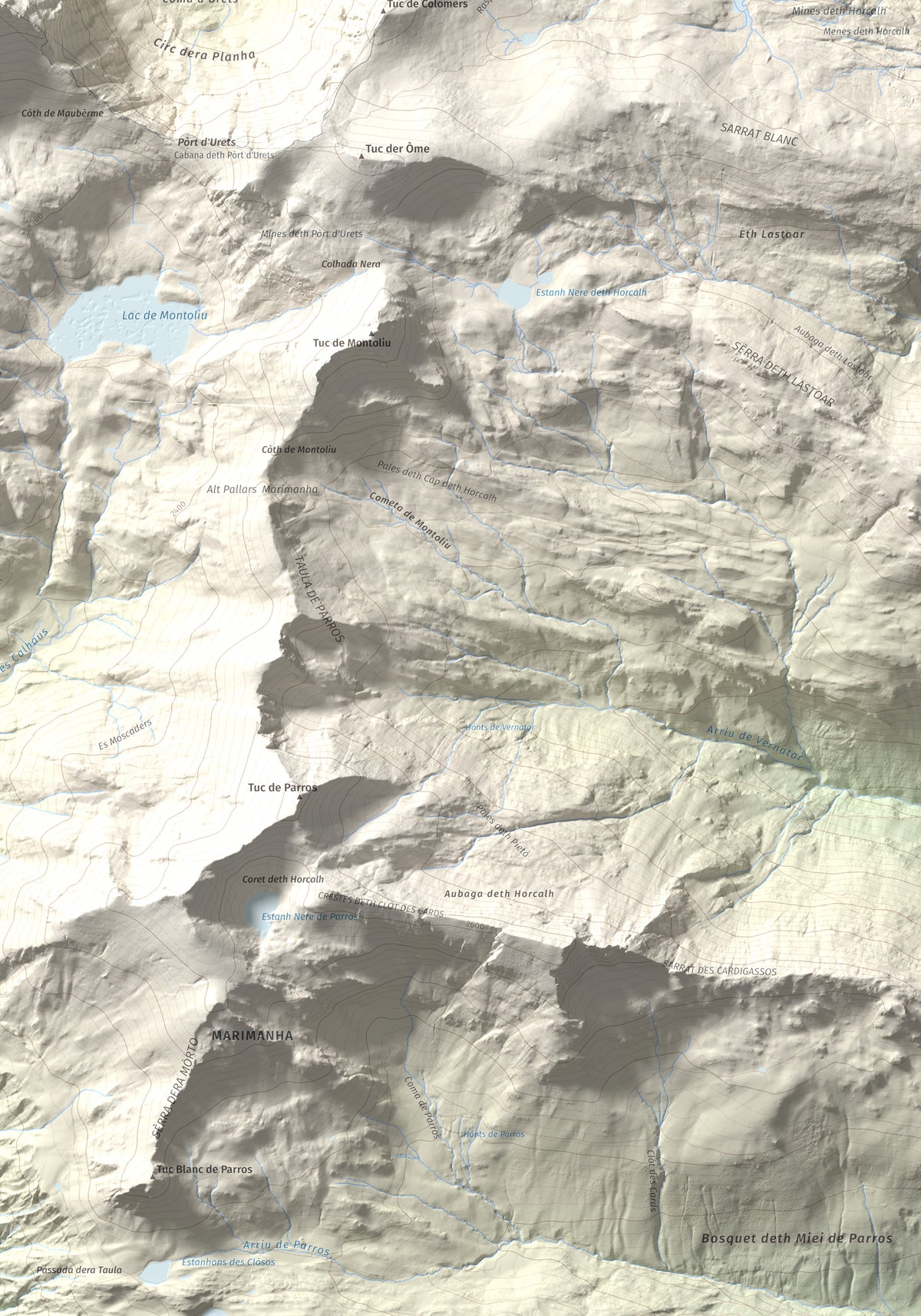 Mapa de relieve de Maubèrme, 2882 m, Val d'Aran, lámina 100 Cims de Trobart. Detalle de la zona inferior derecha. 70 × 100 cm.
